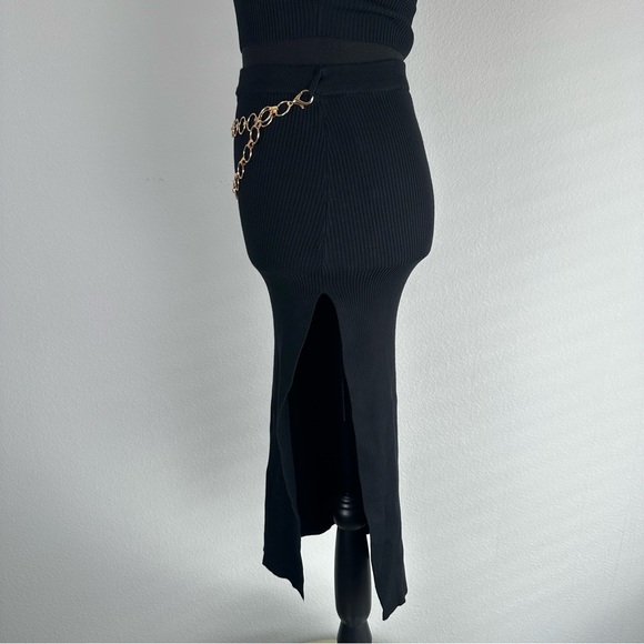 Hera Collection Black Ribbed Bodycon 2PC Set Gold Chain Tank & Skirt Size Small - Picture 6 of 10